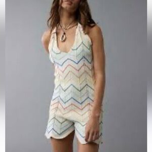 American Eagle Rainbow Crochet Chevron Halter Romper with Multicolor Stripes